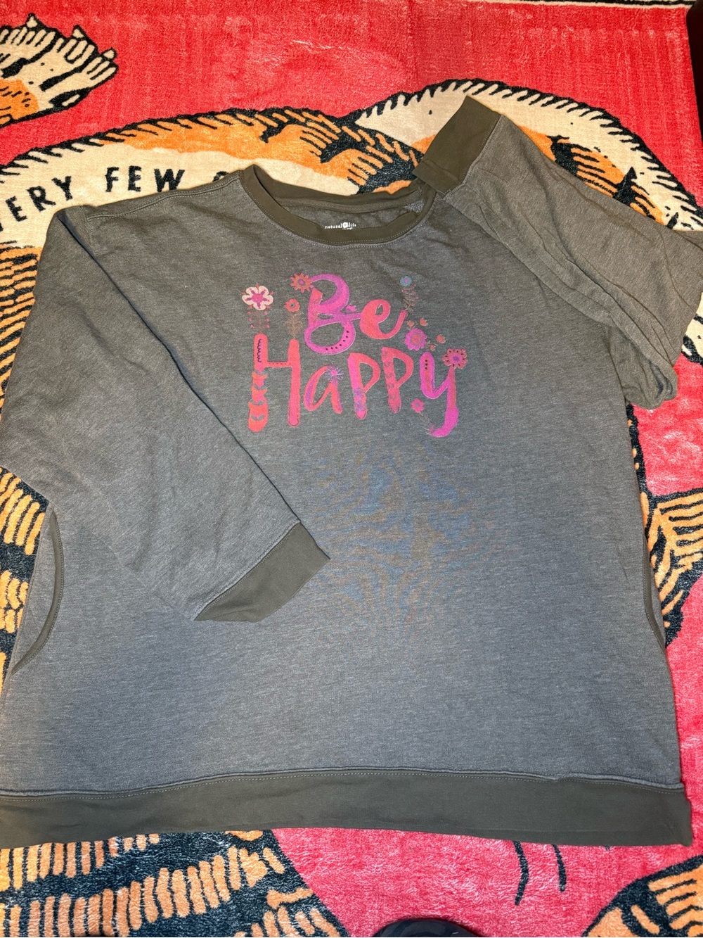 Olive Grey 'Be Happy' Graphic Crew Neck Sweatshirt